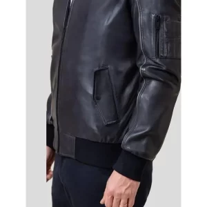 Men Black Leather Bomber Jacket - Image 2