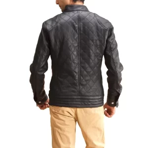 Men Black Leather Quilted Jacket - Image 2