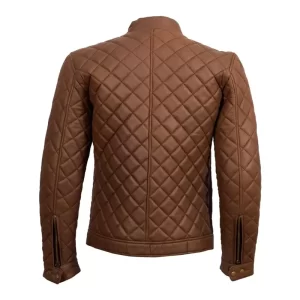 Men Brown Full Quilted Leather Jacket - Image 2