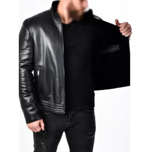 Men Fitted Leather Biker Jacket - Image 3