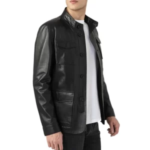 Men Flap Pockets Black Leather Jacket - Image 2