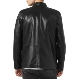 Men Flap Pockets Black Leather Jacket - Image 3