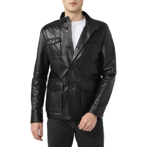 Men Flap Pockets Black Leather Jacket - Image 1