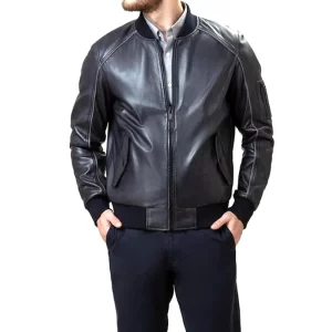 Men Black Leather Bomber Jacket - Image 1