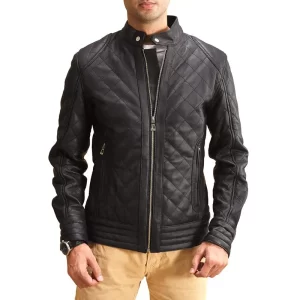 Men Black Leather Quilted Jacket - Image 1