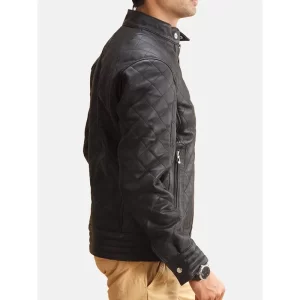 Men Black Leather Quilted Jacket - Image 3