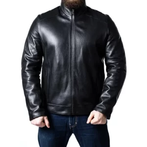 Men Sheepskin Black Leather Biker Jacket - Image 2