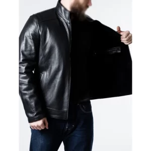 Men Sheepskin Black Leather Biker Jacket - Image 3