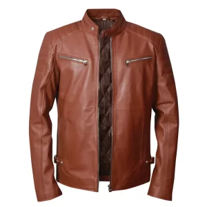 Mens Brown Cafe Racer Leather Jacket - Image 2