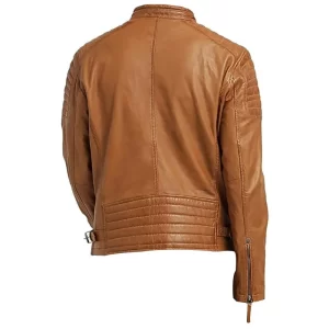 Men’s Paded Tan Leather Biker Jacket - Image 2