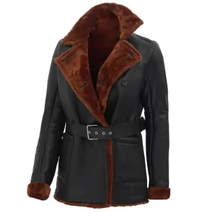 Black Leather Brown Shearling Jacket - Image 3