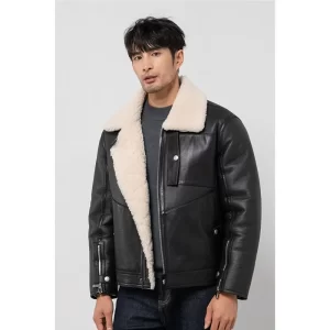 Men Black Shearling Leather Jacket - Image 3