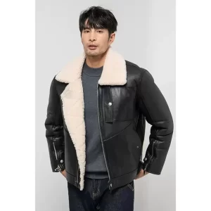 Men Black Shearling Leather Jacket - Image 2