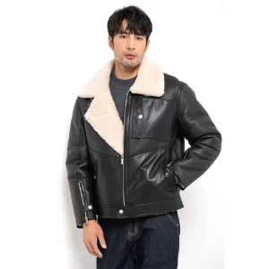 Men Black Shearling Leather Jacket - Image 1