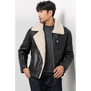 Men Black Shearling Leather Jacket - Image 4