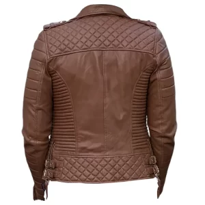 Womens Brown Leather Quilted Jacket - Image 3