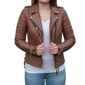 Womens Brown Leather Quilted Jacket - Image 2