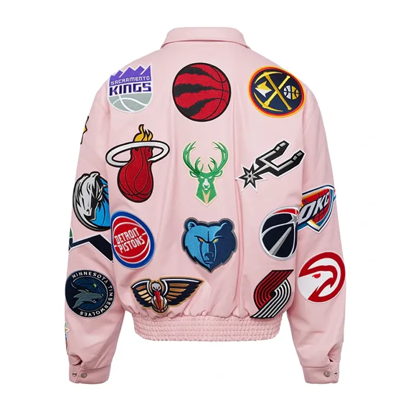 NBA-Collage-Vegan-Pink-Leather-Jacket