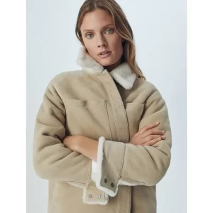 Women Beige Shearling Leather Jacket - Image 3