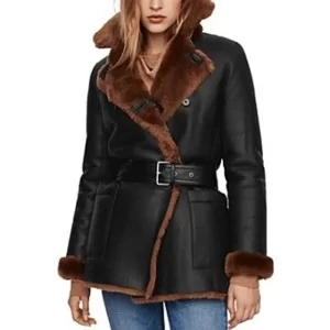 Black Leather Brown Shearling Jacket - Image 2