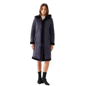 Women Black Shearling Leather Long Coat - Image 3