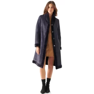 Women Black Shearling Leather Long Coat - Image 2