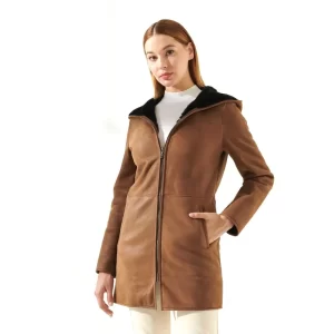 Women Brown Leather Shearling Coat - Image 2