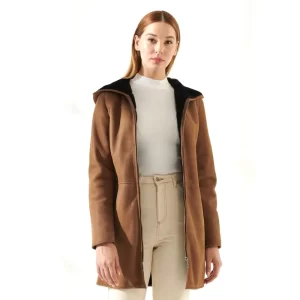 Women Brown Leather Shearling Coat - Image 3