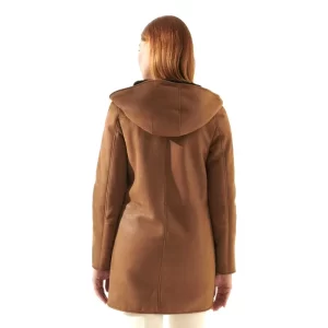 Women Brown Leather Shearling Coat - Image 4