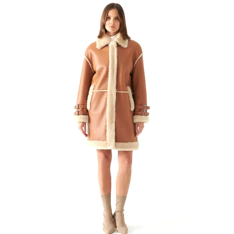Women-Brown-Shearling-Genuine-Leather-Coat