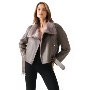 Women Gray Shearling Leather Jacket - Image 2