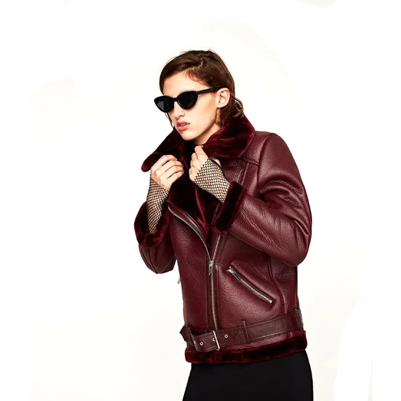 Women-Maroon-Leather-Shearling-Coat