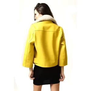 Women Yellow Leather Shearling Coat - Image 3