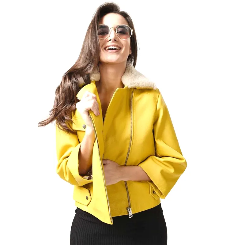 Women-Yellow-Leather-Shearling-White-Coat