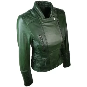 Womens Green Leather Biker Quilted Jacket - Image 2