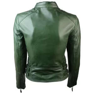 Womens Green Leather Biker Quilted Jacket - Image 4