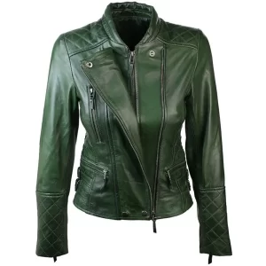 Womens Green Leather Biker Quilted Jacket - Image 3