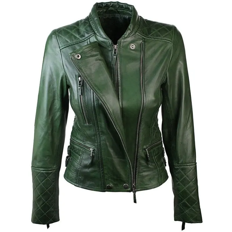 Womens-Green-Leather-Quilted-Jacket